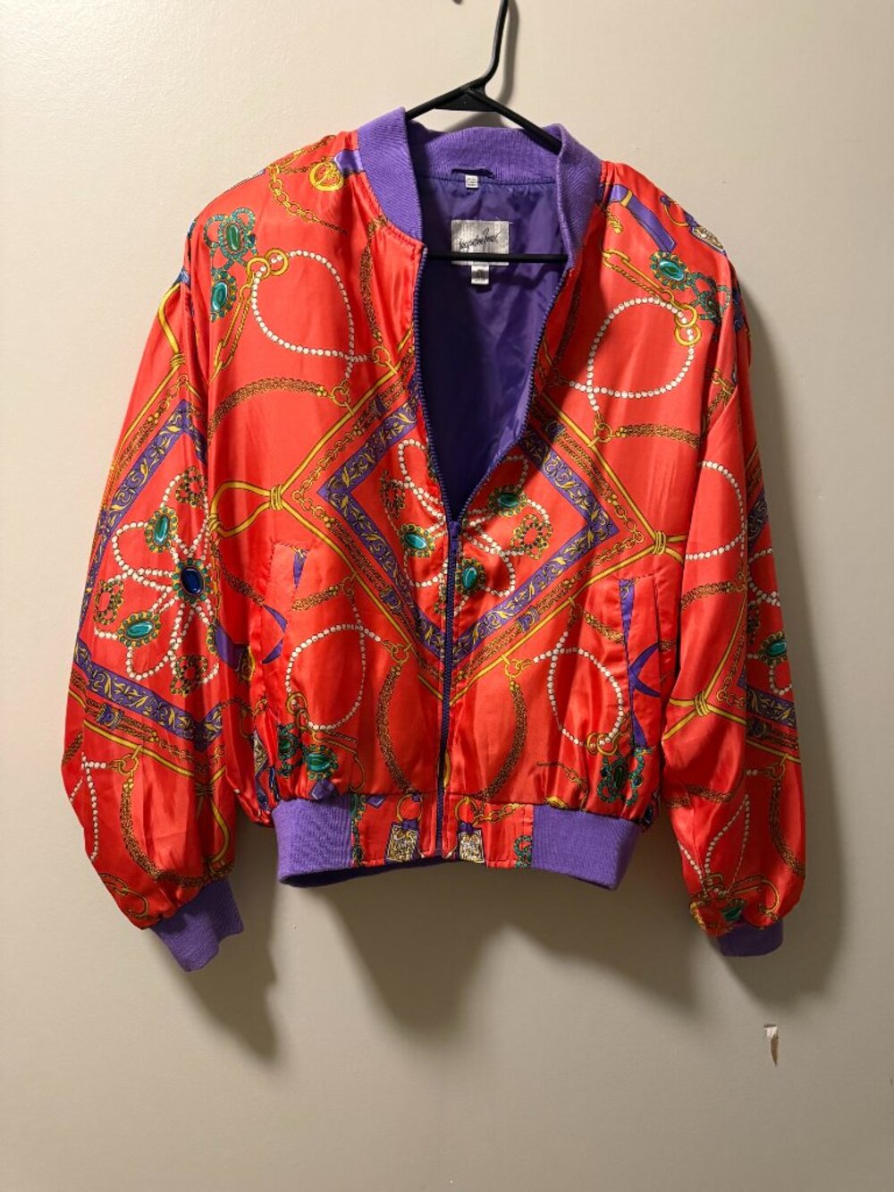 Vintage Jacqueline Ferrar Jewelry Pattern Bomber Jacket With Shoulder Pads 1980s